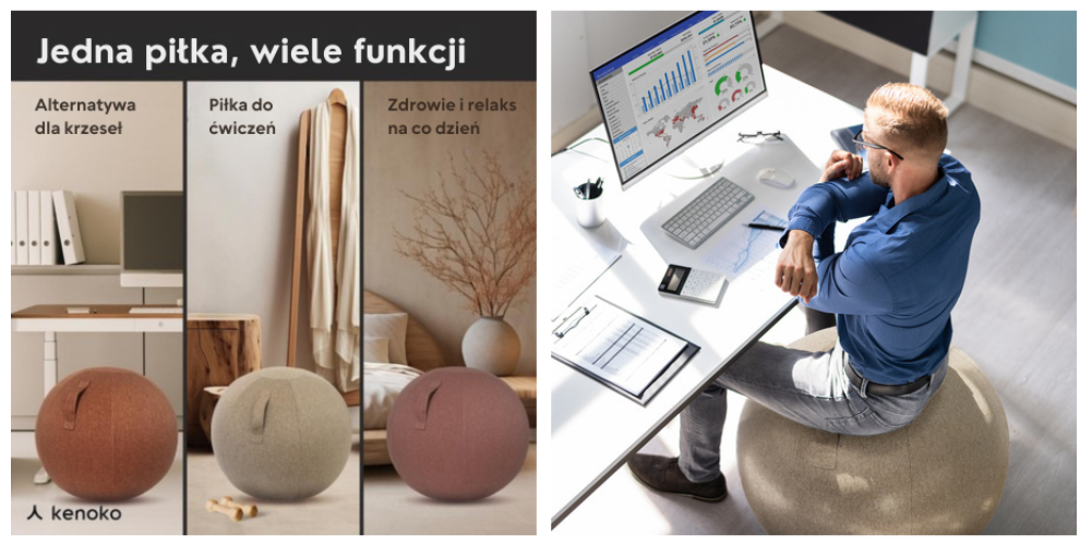 Trzy piłki do siedzenia Kenoko z hasłem "Jedna piłka, wiele funkcji" i logo Kenoko. Alternatywa dla krzesła, piłka do ćwiczeń, zdrowie i relaks. Sklep Kenoko - ergonomiczne meble biurowe.