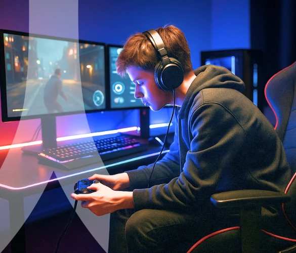 Młody gamer ze słuchawkami na uszach i z padem w dłoniach, przed komputerem 