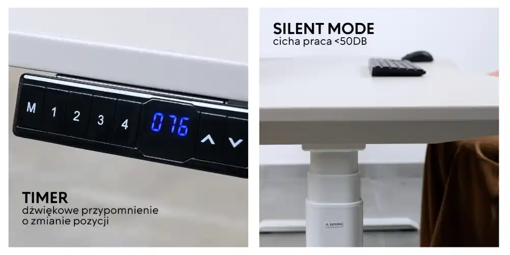 Panel sterowania biurka Hira z trybem cichej pracy i timerem przypominającym o zmianie pozycji. Białe biurko z regulacją wysokości i logo Kenoko