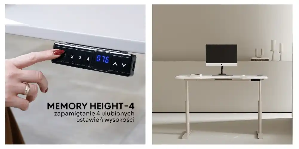 Biurko z elektryczną regulacją wysokości, panel sterowania z opcją zapamiętania 4 ustawień. Biały blat, regulowane nogi. Ergonomiczne biurko Kenoko.
