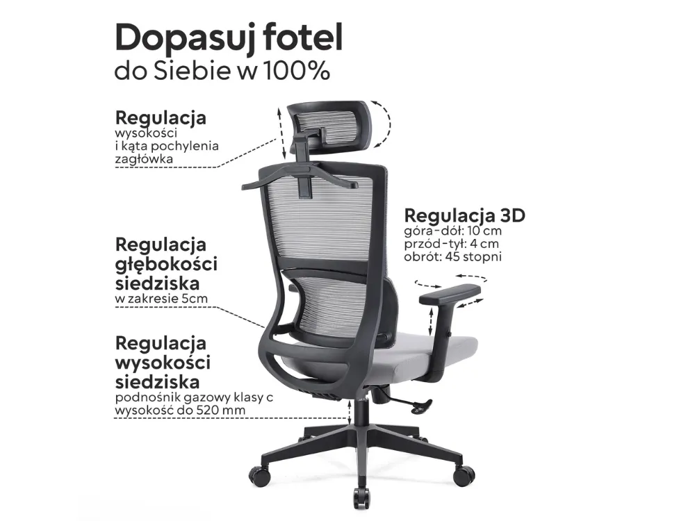 Ergonomiczny fotel biurowy Oribu z siatkowym oparciem, prezentujący regulację wysokości i kąta pochylenia zagłówka, regulację 3D podłokietników, regulację głębokości siedziska i regulację wysokości siedziska za pomocą podnośnika gazowego.