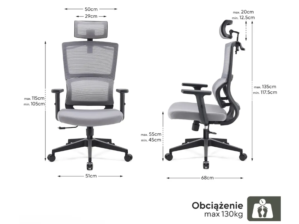 Ergonomiczny fotel biurowy  Oribu na dwóch obrazach prezentujących wymiary.