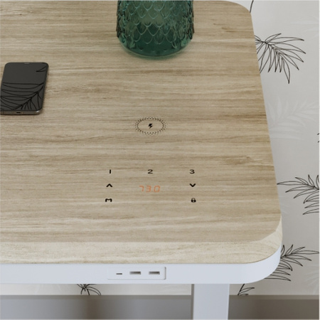Biurko elektryczne białe z regulowanym blatem SENSE O'DESQUE SLIM wiąz 114,5x58,8 cm + maskownica na kable niebieska GRATIS