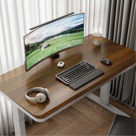 Biurko z elektrycznie regulowanym blatem O'DESQUE SLIM orzech 114,5x58,8 cm + maskownica na kable niebieska GRATIS