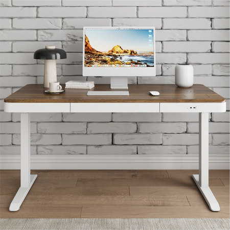 Biurko elektryczne białe SENSE drewniane LARGE ORZECH + maskownica na kable niebieska GRATIS