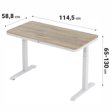 Biurko elektryczne białe z regulowanym blatem SENSE O'DESQUE SLIM wiąz 114,5x58,8 cm + maskownica na kable niebieska GRATIS