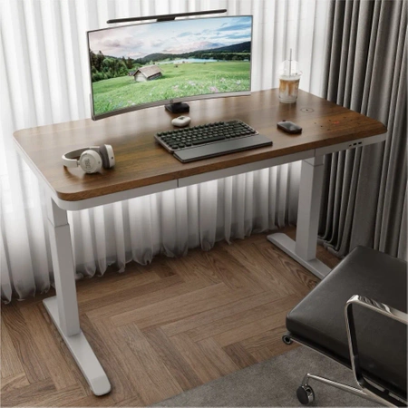 Biurko z elektrycznie regulowanym blatem O'DESQUE SLIM orzech 114,5x58,8 cm + maskownica na kable niebieska GRATIS
