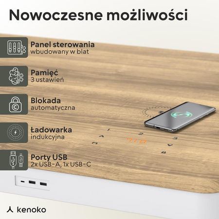 Biurko elektryczne wiąz/biały DEWA, 160x80 cm