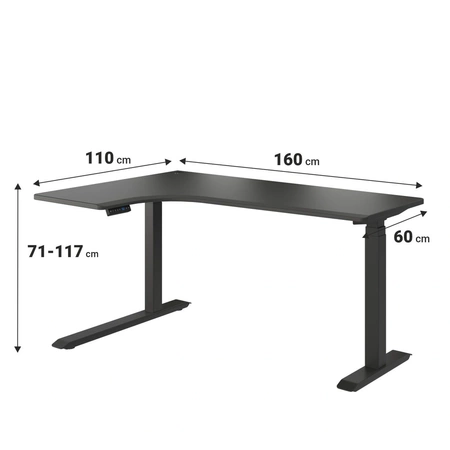 Biurko narożne z elektrycznie regulowanym blatem O'DESQUE czarne, lewostronne 110x160